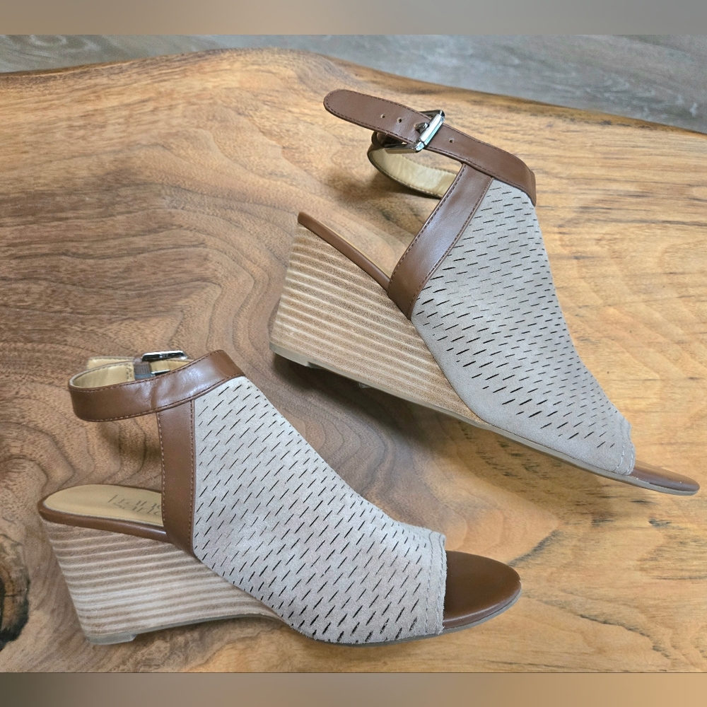 Franco Sarto Tan and Brown Wedge Leather Sandals